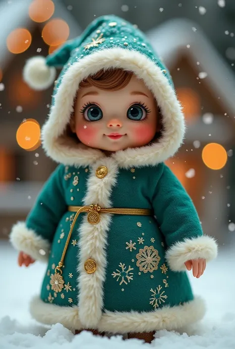 Create a Christmas doll that has a turquoise green coat, the edges of the coat at the bottom that have to be white and on the coat that has gold and silver Christmas details.