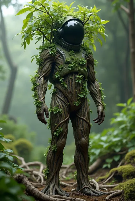 A astornaut man who convert himself to tree, wild environment, mans hand turn in to Leaf, leg become root