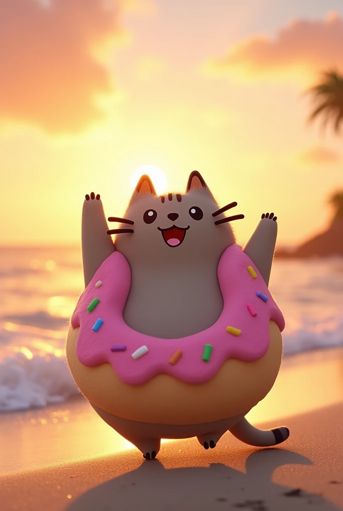 Dancing pusheen in a donut costume on the beach at sunset 