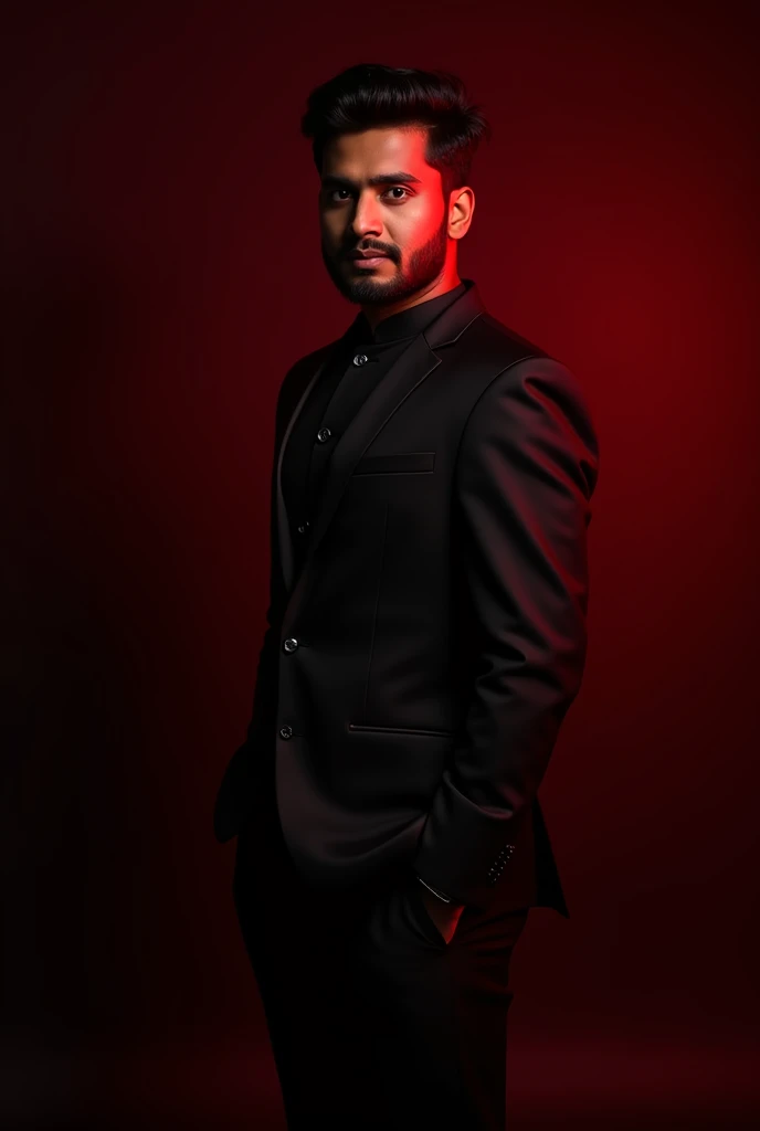 A photo of a 21-year-old Bangladeshi wearing formal outfit
Black background with red lighting