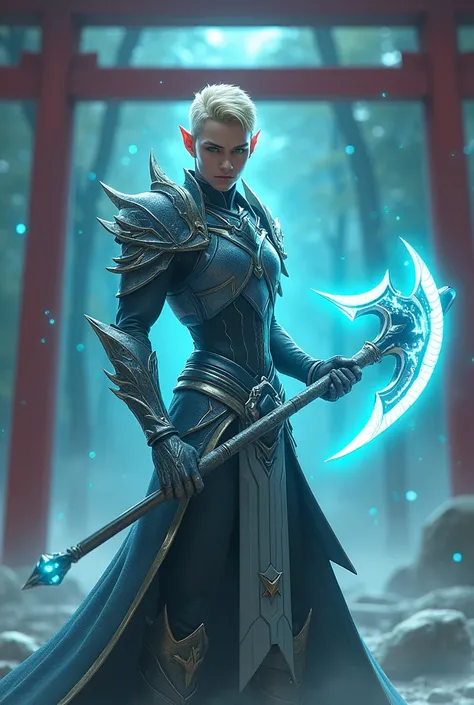 Male light elf, pale white skin, short blonde hair, muscular, beautiful green eyes, strong, black eyeliner. Laser light Shinto temple background. Wearing glowing neon blue holographic armor. Holding lightning axe.