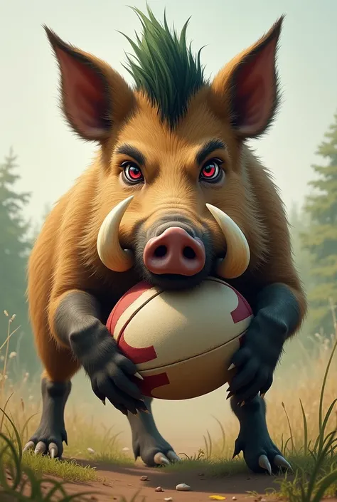  Drawing young wild boar light brown big aggressive tusk Fuschia eyes , big green crest  ,  tenant ballon de rugby 