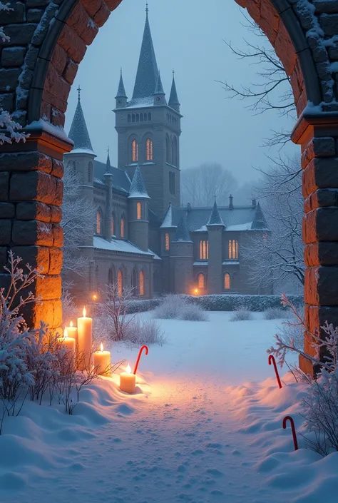 The Abbey,  snow candles backstage lights Christmas canes snow