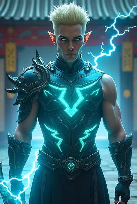 Male light elf, pale white skin, short blonde hair, muscular, glowing green eyes, strong, black eyeliner. Laser light Shinto temple background. Wearing glowing neon blue holographic armor. Holding lightning axe.