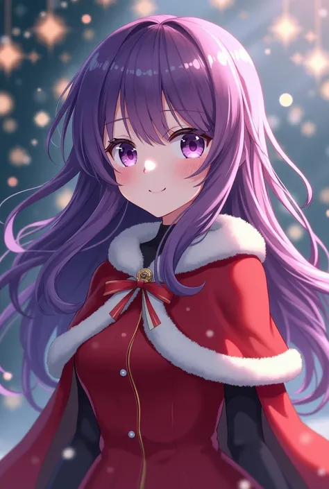  better quality ,  expressive eyes  ,  perfect face , Alone, long hair,  wavy hair , Bangs Bazi ,  purple hair ,  purple eyes,  medium breasts ,  Christmas clothing dress with cape, light smile, Christmas atmosphere, remote