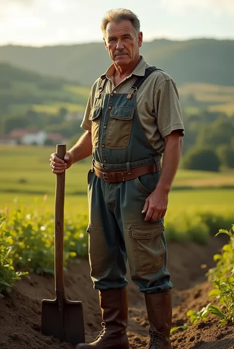 Alexandar Vucic ,  the president of Serbia ,  dressed as a farmer who hoes the earth in Serbia 