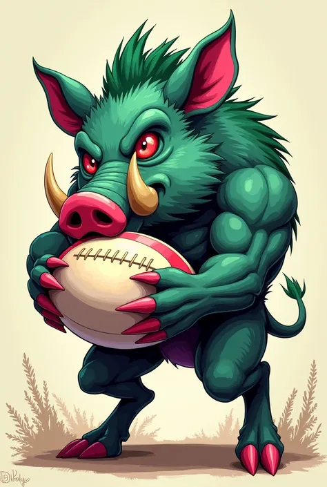 Young green and pink wild boar drawing big tusk with red eyes and green crest with a rugby ball in its paws
