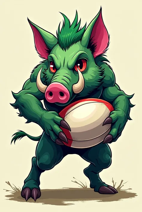 Young green and pink wild boar drawing big tusk with red eyes and green crest with a rugby ball in its paws
