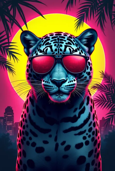 Digital t-shirt design :
 Jaguar with neon rays and 80s style glasses

Colores: yellow, fuchsia, Lime green.

phrase: "King of the Urban Jungle ."