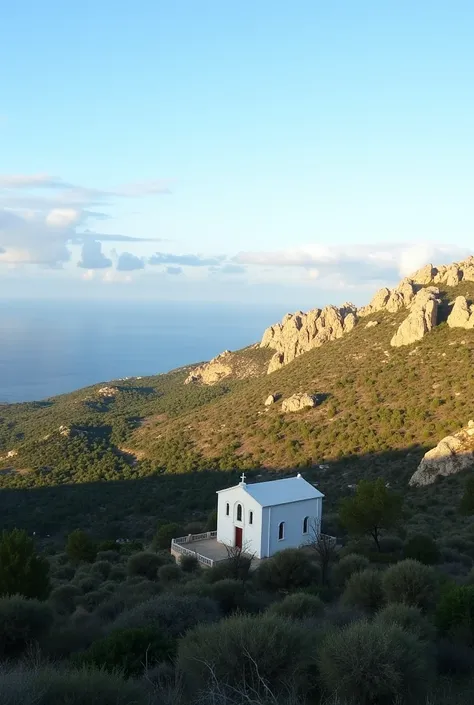  Description for an image of Mount Carmel :

" A panoramic view of Mount Carmel , On a clear day ,  where you can see rocky and green mountains ,  with a clear blue sky and some scattered clouds . In the foreground,  there is a small white chapel in Medite...