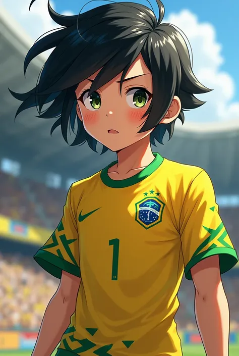 An anime boy with black hair wearing a Brazil team shirt