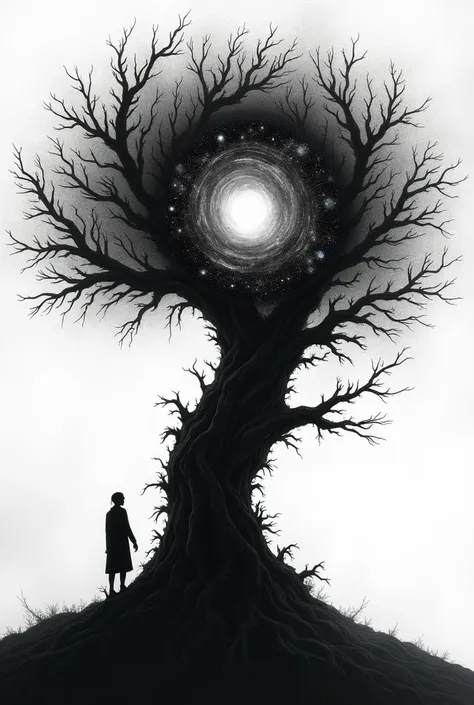 A tree with springs and galaxies inside the tree as in its black heart image in black and white 