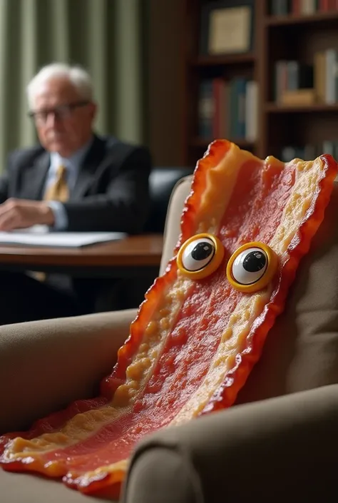 Bacon with eyes and mouth lying on the couch talking to his psychiatrist 