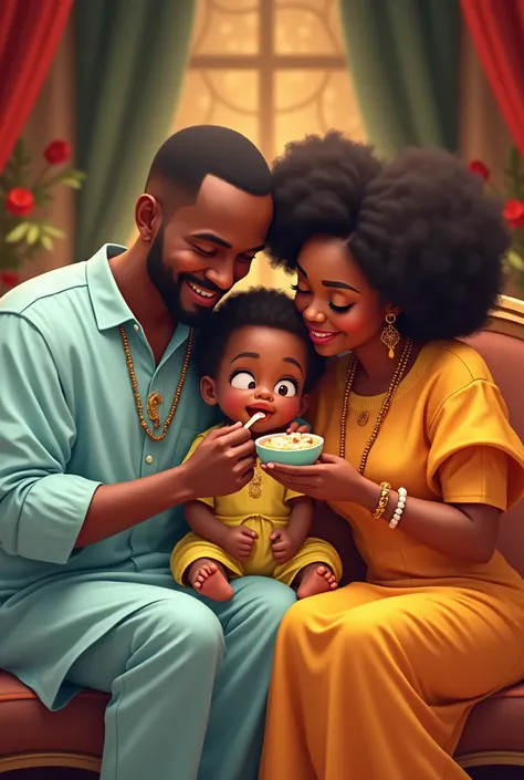 Animation of a Nigerian rich couple feeding a boy