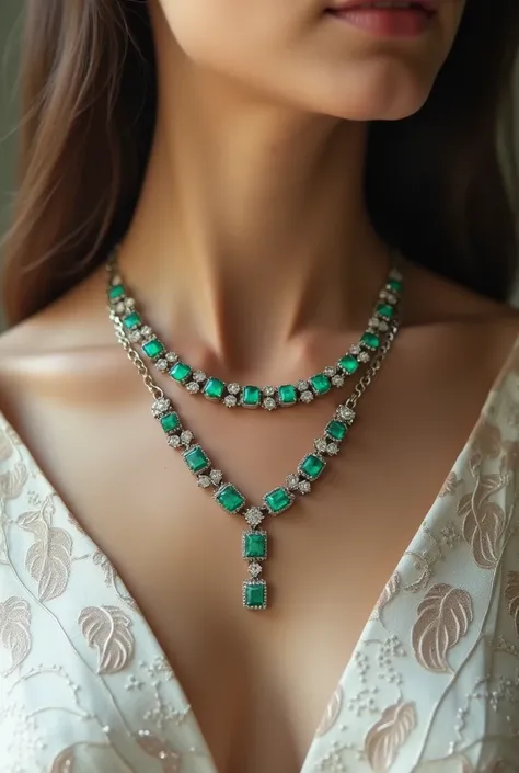 Design a  experience and elegant necklace composed of small fine emeralds  and white  golden ring  and dark  and diamonds to each other similar Tiffany design 