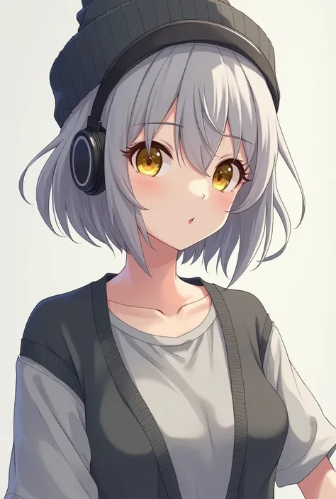 - Anime style,
- face close-up 
- beautiful woman,
- mature, 
- elegant,
- pale skin,
- grey beanie,
- grey headphones,
- grey, chin length bob cut 
- yellow eyes,
- grey t-shirt,
- grey cardigan vest