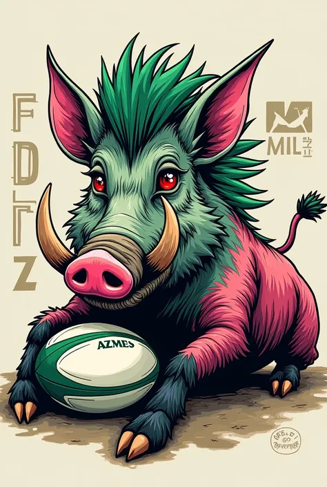 Young green and pink wild boar drawing big tusk with red eyes and green crest with a rugby ball in the legs lying down there is written FCL13 and a mill logo behind the more aggressive wild boar 
