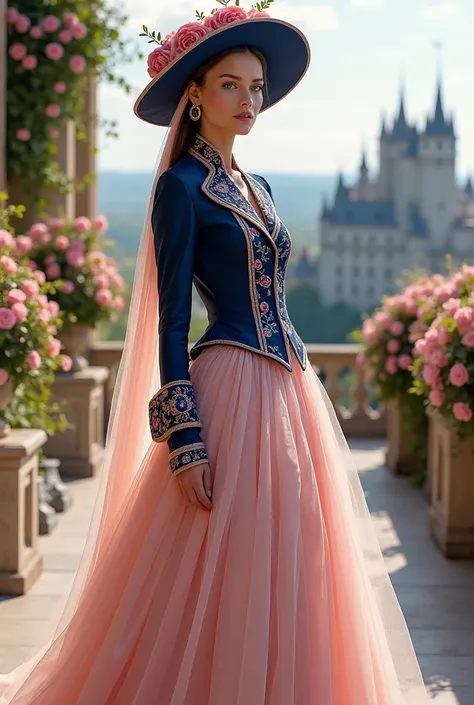 A regal European woman, dressed in a harmonious combination of navy and pink. Her fitted jacket, made from luxurious navy-blue silk, features subtle pink piping along the seams and cuffs, with detailed pink floral embroidery at the shoulders and hem. The j...