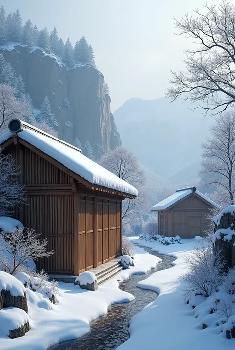 Bomboo houses in snow type area, no light, 