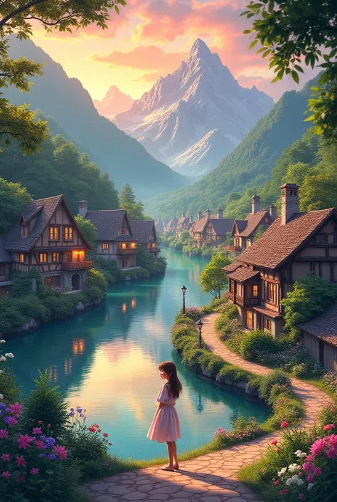 A small village by the river, mountains in the background, floral flowers colorful, detailed landscape, beautiful natural landscapes, anime babe in summer dress,  atmospheric lighting , scorching sunset, warm colors, Practical, фотоPractical, detailed foli...