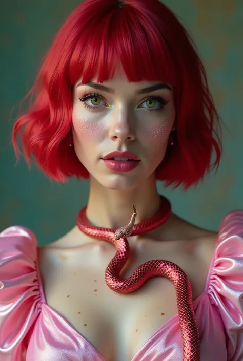 Open shot, realistic face of Dua Lipa, woman with short red hair, bob hair, slanted eyes, green eyes, freckles on the body, woman with holographic glitter makeup, woman with snake on her neck, pink holographic dress, snake on her pink, 4k, high resolution,...