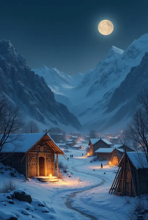 Bomboo houses in snow type area, no light, mid night, tribe tent, dark night, so many houses.