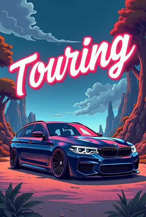 BMW 5 Touring dark blue,  Fondmetal Alke rims,  lowered, cartoon, Top font "Touring"