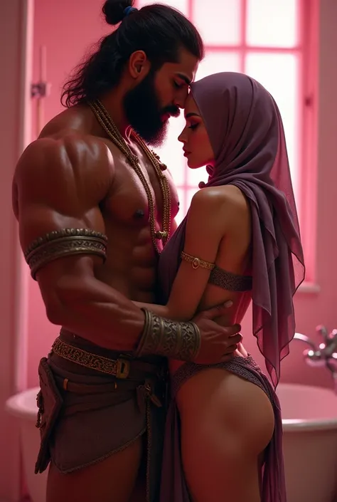  Muscular mn Hindu warrior having sex with hot muslim  women with upper hijab naked her privet parts are hide by bath body big boob along with the big ass  in bathroom is pink