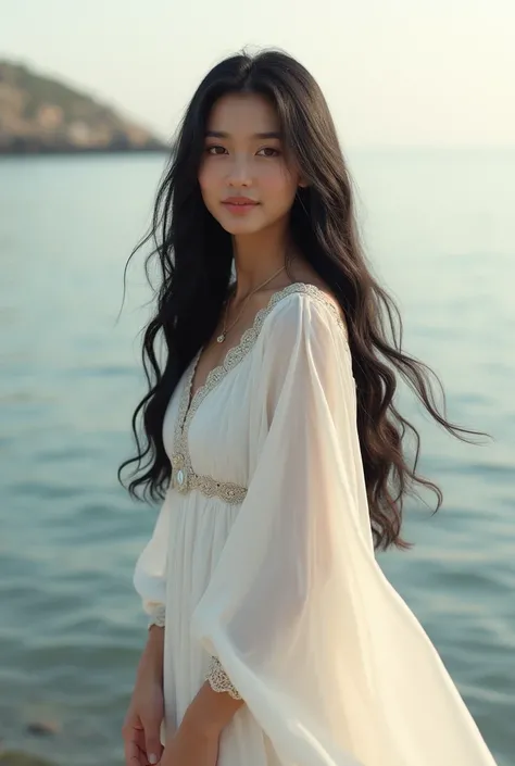 1 girl persian white dress long black hair next to sea smile