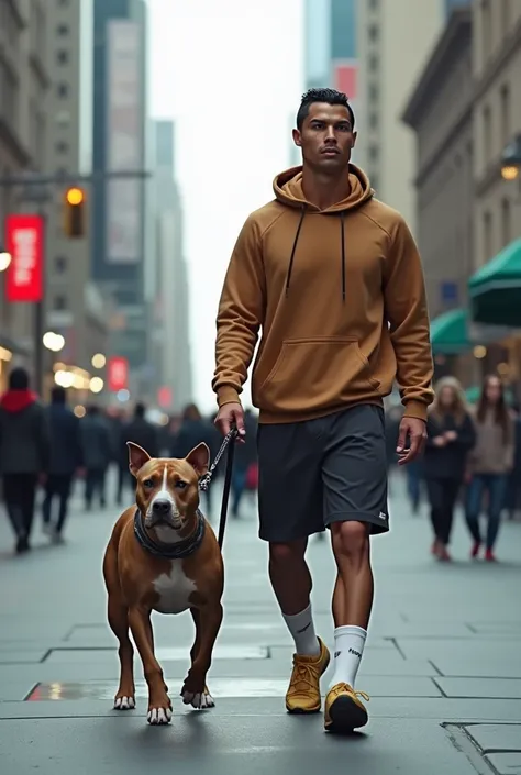 Christiano renaldo walking a pitbull dog