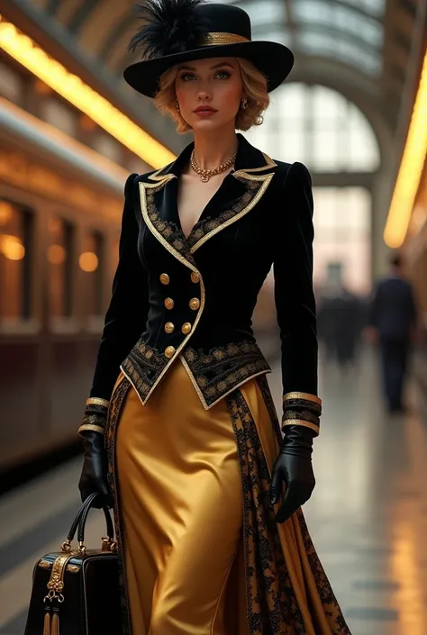 An aristocratic European woman from the early 20th century, exuding confidence and luxury. Her tailored black velvet jacket features dramatic gold brocade accents on the collar, cuffs, and buttons. The fitted design emphasizes her waist and flares slightly...