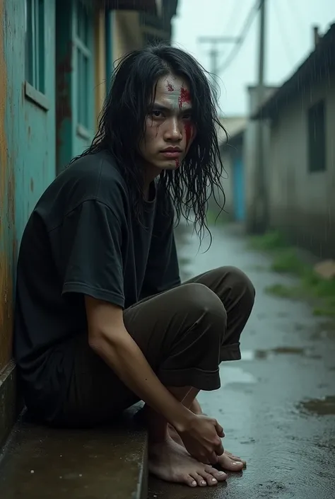 Indonesian, , Looks dirty,long messy hair,Black oversized t-shirt,Dark brown 3/4 pants,Barefoot,Front view, zoom camera,Gloomy facial expression,Looks soaking wet,Pale face as if cold,Sitting on the side of a small alleyway typical of Indonesia,The backgro...