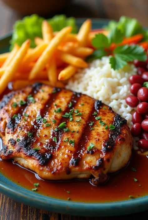  A Brazilian food dish with: rice, Red beans in syrup, French fries sticks, chicken steak , lettuce and grated carrot .