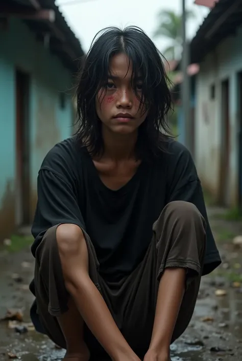 Indonesian, , Looks dirty,long messy hair,Black oversized t-shirt,Dark brown 3/4 pants,Barefoot,Front view, zoom camera,Gloomy facial expression,Looks soaking wet,Pale face as if cold,Sitting on the side of a small alleyway typical of Indonesia,The backgro...