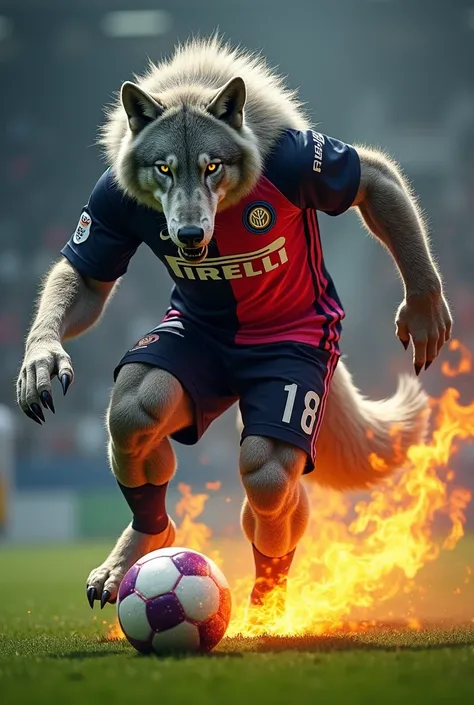 A wolf in the Inter Miami uniform kicking a soccer ball full of fire 