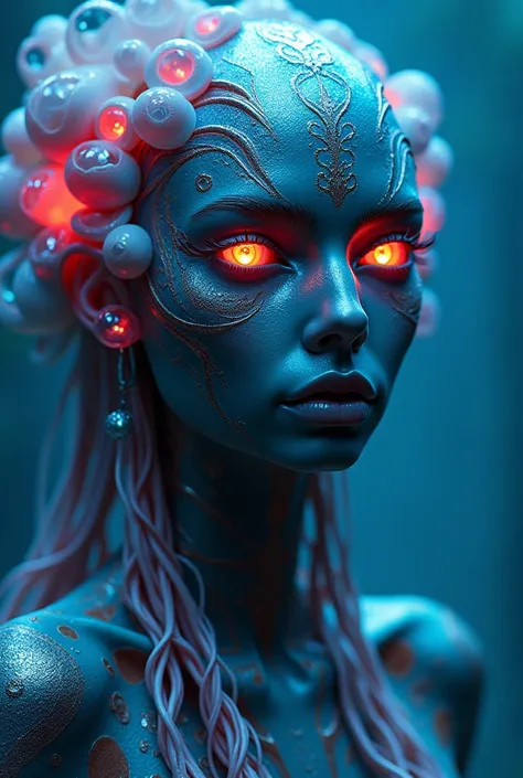          gorgon jellyfish woman in all her splendor       ,  predatory and beautiful  ,  ,  expressive eyes emit neon light , Perfect Anatomy,     atmosphere of perfection       .        close       .           high detail,          high quality  .        ...