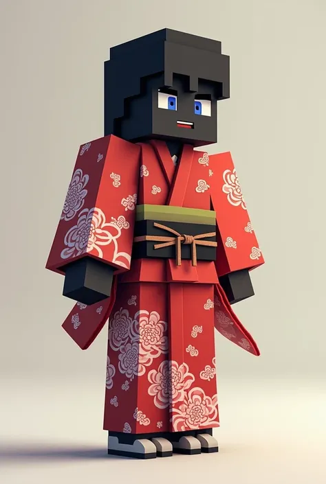 "Create a male Minecraft skin with a red and white kimono. The kimono must have a traditional Japanese design, with a red and white flower and leaf pattern. The character must have a black look.