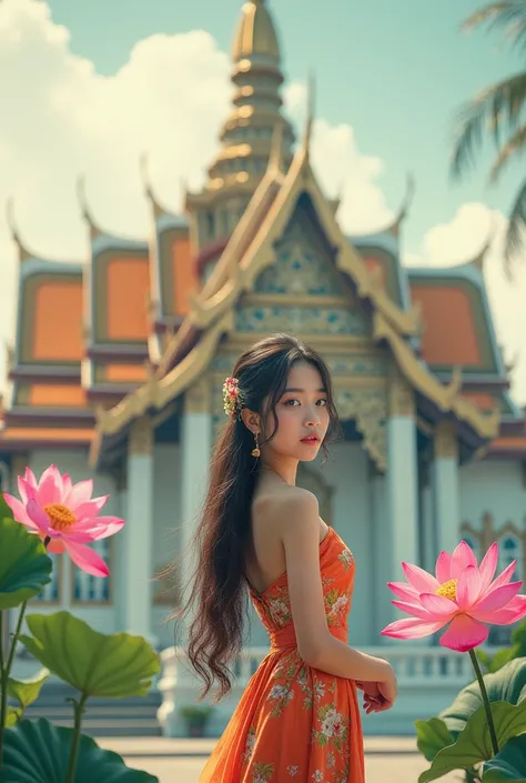  Thai girl with long hair ,  wearing a Thai dress.  ,  standing with a pink lotus  , The background is a Thai temple  , Ukiyo-style paintings ,Nippon ,Pastel colors