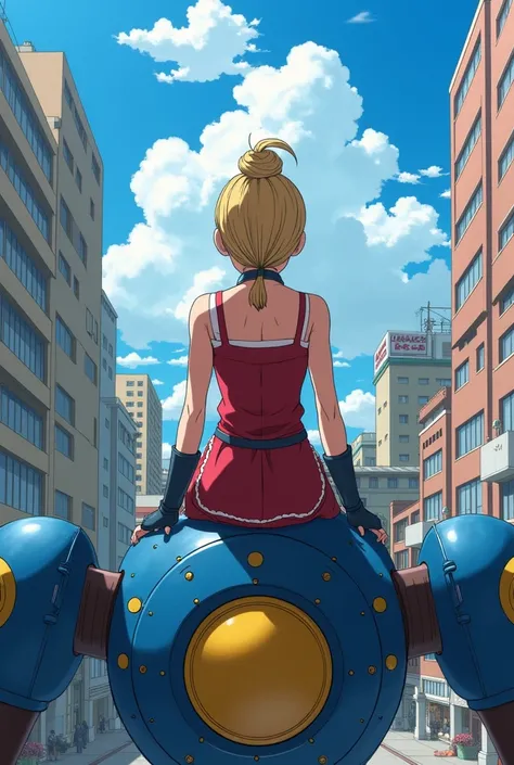 seated on the shoulder of an blue and yellow circular Koubu Nishiki steampunk mech from Sakura Wars, forward facing, Sakura Taisen 1990s anime screenshot, a woman wearing wide décolletage sleeveless apron, gloves, boots, the clothes are red with white acce...