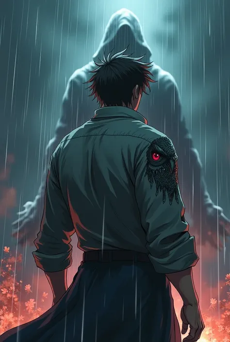 The anime man stands with his back and looks back, fighting a black hoodie, a shaggy face, the sleeves are in the shape of an ink owl, a thunder-colored atmosphere, rain. 