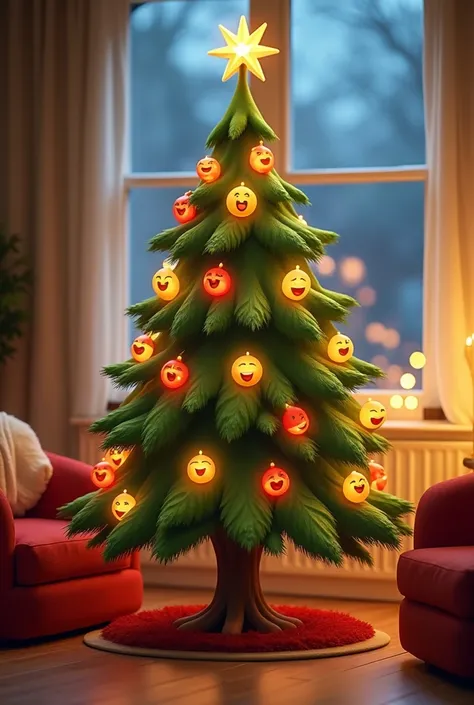 4 separate Christmas tree WITH HAPPY FACES images, image , cute , cartoon,sitting on the sofa,in HD high definition 8k