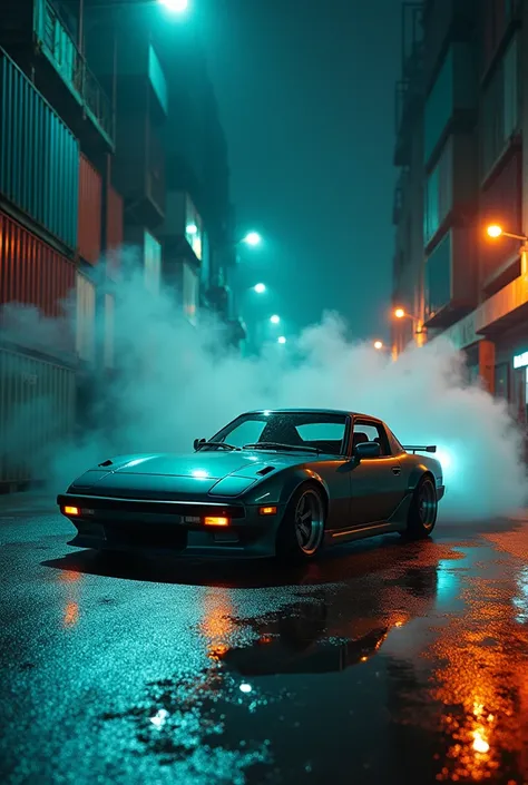 Design a cinematic artwork set in a dark urban alley at night, showcasing a classic Mazda RX-7 in motion. The car, with its iconic curves and a metallic teal finish, is captured from a low angle to highlight its timeless design and street-racing persona. T...