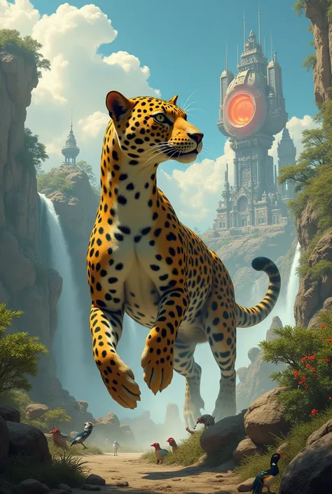 
"A hybrid creature combining the body of a jaguar with the head of a duck, set in a vast and extraordinary landscape. The hybrid has the sleek, muscular body and spotted fur of a jaguar, but its head is that of a duck, with a distinctive beak and expressi...