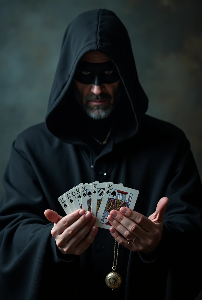 A magician with cards with a dark background