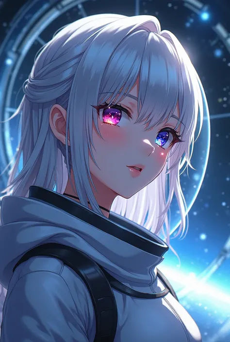 Full plan of the best masterpiece :1.5)0.9], ( Anime babe in a spaceship:1.2) ( Loose silver hair:1.1) (Heterochromia:  xanthochromia and blue eyes:1.2) (Space helmet:1.0) (Colored stars in the eyes:1.0) (Shining light:1.1) ( Full Height:0.9)