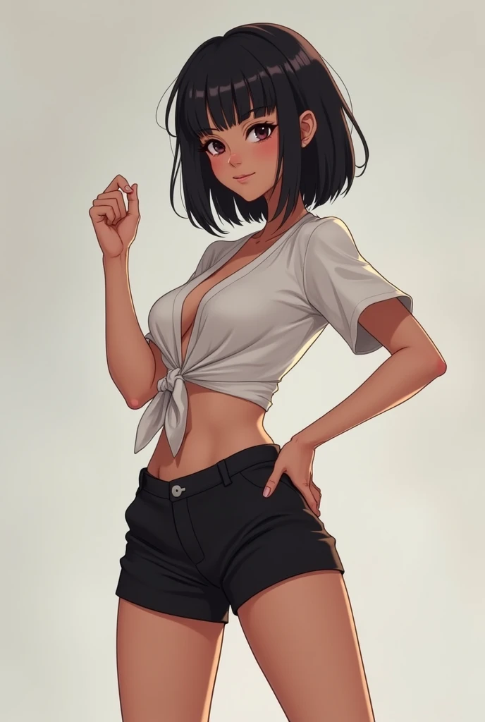 girl, tight short shorts, short preto, short blouse tied , ,  thin waist ,  black hair,  shoulder length hair , franjinha, light skin,  jack-o-pose