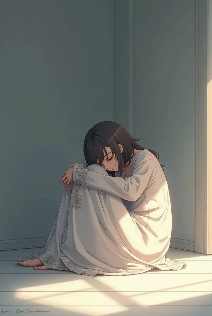 Female Anime character curl up in a ball tightly. On the empty floor of the empty room. Her body is in small sphere shape. Wearing beautiful clothes