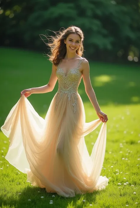 Photo of a 15-year-old debutante having fun with in a beautiful dress. Beautiful Italian European Imrealist 8k woman on a green lawn