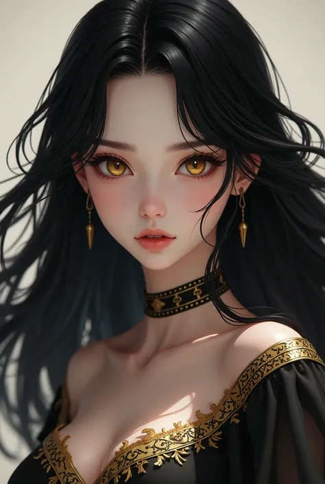 Woman with long black hair, pale skin,  golden eyes ,  serious expression , pink lips, Babylonian clothing, Anime 2.0 , Realistic