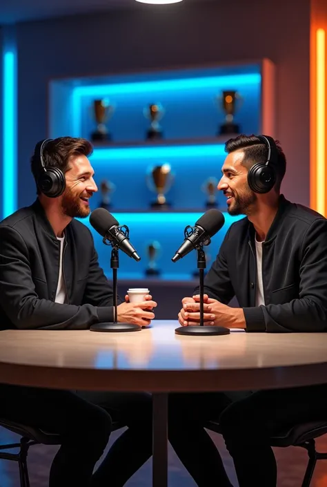  Two legendary soccer players ,  Lionel Messi and Cristiano Ronaldo ,  are together in a modern podcast studio .  The setting presents an elegant table with microphones from high quality,  soft LED lights in shades of blue and orange in the background ,  w...